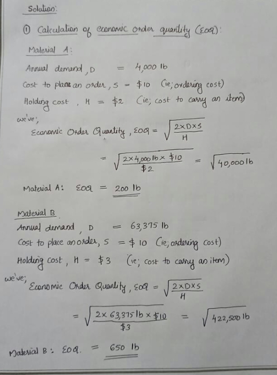 Solution 0 Calculation of economic order quantity (209): Material : Annual demand D 4,000 16 Cost to place an order, 5 - $10