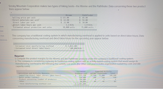 Smoky Mountain Corporation makes two types of hiking boots--the Xtreme and the Pathfinder. Data concerning these two product