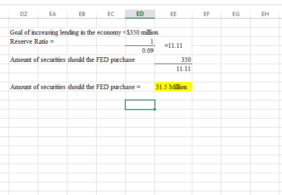 DZEA EB ECEDEE EFEG EH Goal of increasing lending in the economy = $350 million Reserve Ratio = =11.11 0.09 Amount of securit