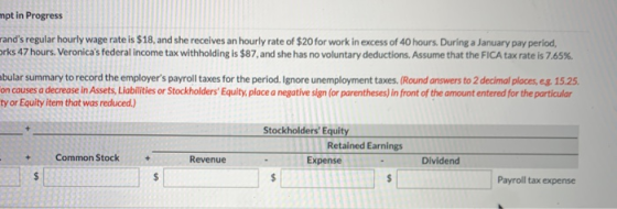 mpt in Progress ands regular hourly wage rate is $18, and she receives an hourly rate of $20 for work in excess of 40 hours.