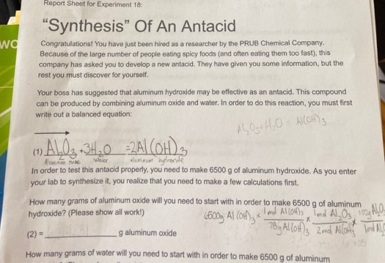Report Sheet for Experiment 18: Synthesis Of An Antacid wa Congratulations! You have just been hired as a researcher by the