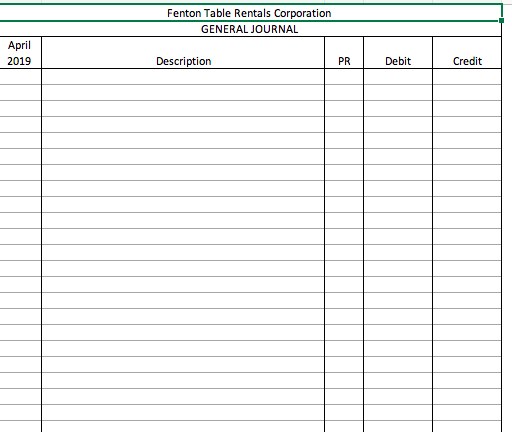 Fenton Table Rentals Corporation GENERAL JOURNAL April 2019 Description PRI Debit credit