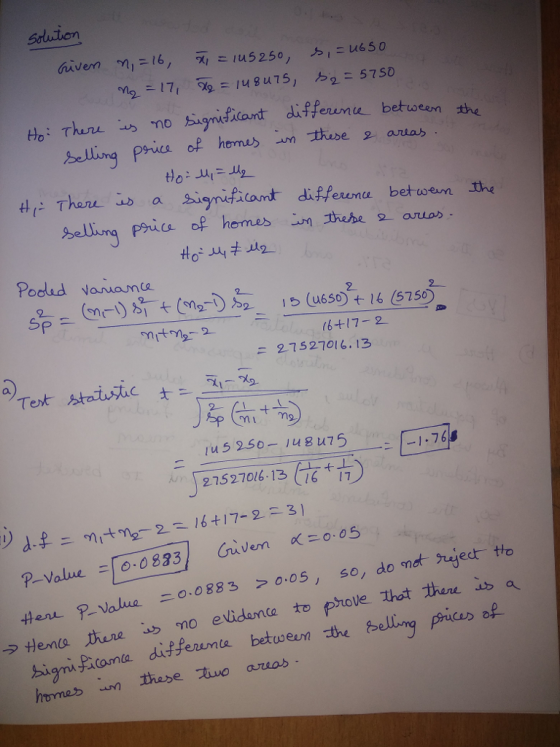 srluten toi Thrno sygnidfitent diffeuru betoren the 41. Themeub a Significant difference betwem the Podad vamame 2 (6t17-2 2752701 6.13 27527061611 ニ0.0883 > 0.05, so, dommheder HenL P-value mo elidanca to prove thot a dif ferumis betwen the bellinq prices of home m