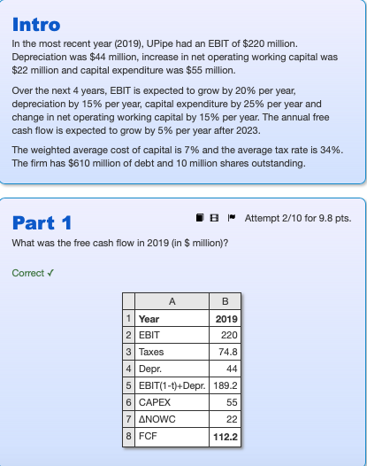 Intro In the most recent year (2019), UPipe had an EBIT of $220 million. Depreciation was $44 million, increase in net operat