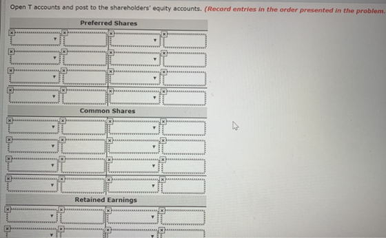 Open T accounts and post to the shareholders equity accounts. (Record entries in the order presented in the problem. Preferr