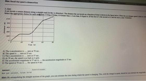 Hint: Recall that speed is distance/time 2. [2pt] A car travels a certain distance along a straight road (in the +x direction