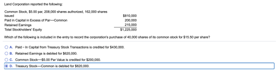Land Corporation reported the following: Common Stock, $5.00 par, 208,000 shares authorized, 162,000 shares issued Paid in Ca