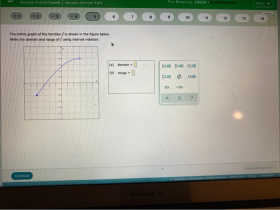 - Question 5 of 33 (1 point Question Attempt 1 of 1 Timo Remaining: 2:55:24 Haley V O OO 10 12 33 The entire graph of the fun