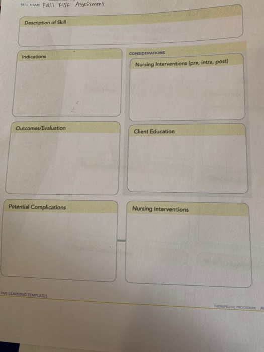 SKILLNAME Fall Risk Assessment Description of Skill CONSIDERATIONS Indications Nursing Interventions (pre, intra, post) Outco