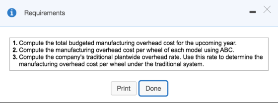 Requirements - X 1. Compute the total budgeted manufacturing overhead cost for the upcoming year. 2. Compute the manufacturin