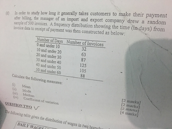 after billing, the manager of an import and export company drew a random sample of 500 invoices. A frequency distribution showing the time (in days) from invoice data to receipt of payment was then constructed as below: (d In order to study how long it generally takes customers to make their payment Number of Days Number of Invoices 0 and under 10 10 and under 20 20 and under 30 30 and under 40 40 and under 50 50 and under 60 32 63 87 125 105 Calculate the following measures: i) Mean (ii) Mode iii) Median [2 marks [2 marks] (2 marks] 4 marks Gv) Coefficient of variation QUESTION TWO e following table gives the distribution of wages in twq branch DAILY WAGES