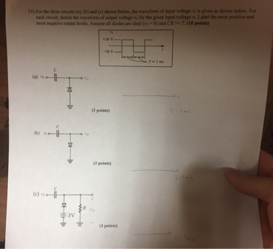 24) For the three circuits (a), (b) and (c) shown below, the waveform of input voltage vy is given as shown below. For each c