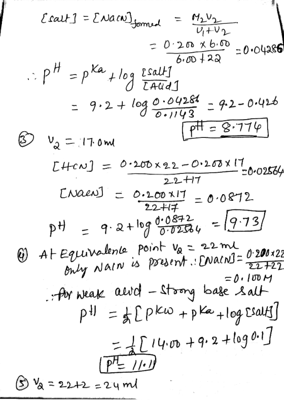 Esalt] = [Nacwformed = M2 V2 U+U2 = 0.200 x6.00 6600122 -0.04286 ...pH = pka + log esalt I talid] -9,2+ log 0.04286 - 9.2 -0.