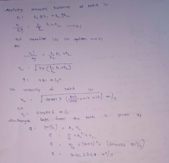 -Applying preMur balance at point Cu P1 equa-lion (2) gation in -9 (!) R9 98 m s Goo m (s ischarge ate ram the tank grven a