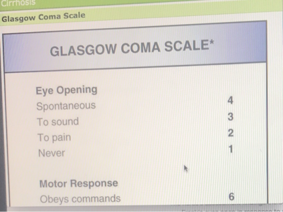 Cirrhosis Glasgow Coma Scale GLASGOW COMA SCALE* Eye Opening Spontaneous To sound To pain Never Motor Response Obeys commands