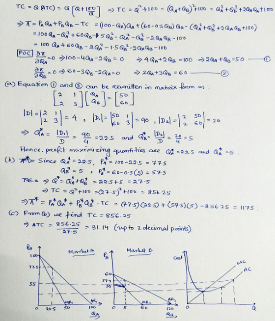 TC = -100 Q ATC) = Q (Q+lecom] TC = q* +100 = Qu+Qa)*100 = Qž +Q6 +22nQrt100 → T = P QA+PQC-TC = (100-QA) QA +60-0s QB) Qo-Q