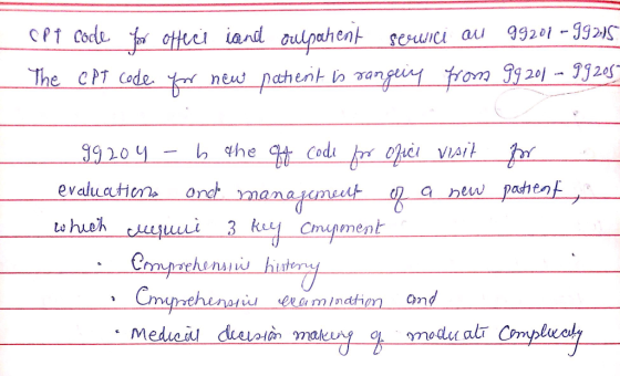 Opt code for ofteci iand culpahent sewici au The CPT code for new patient is ranging from 99201--99215 99 201 - 99205- 99204