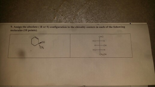 9. Assign the absolute (Ror S) configuration to the chirality centers in each of the following molecules (10 points). CHO HO-