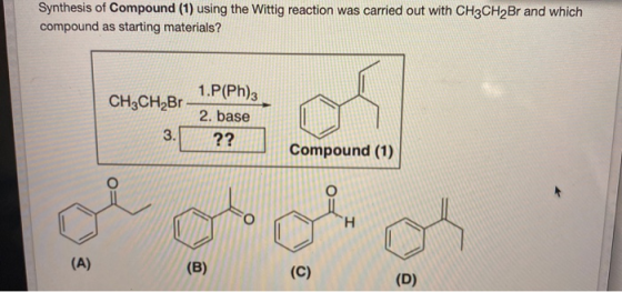 Synthesis of Compound (1) using the Wittig reaction was carried out with CH3CH2Br and which compound as starting materials? 1
