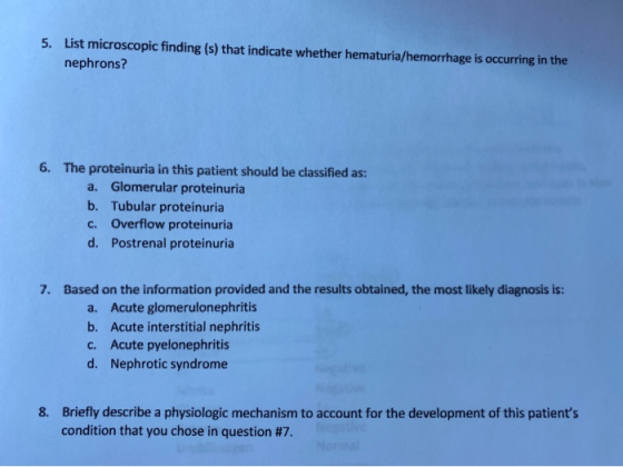 5. List microscopic finding (s) that indicate whether hematuria/hemorrhage is occurring in the nephrons? 6. The proteinuria i