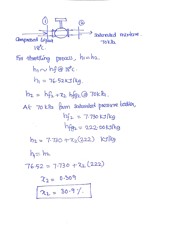 Satanated mixture. TokPa Compressed ligus 18°C. For throttling process, hi=ha. hori hf @ 18°C. hi = 76.52 kJ/kg. h2 =. hfz +8