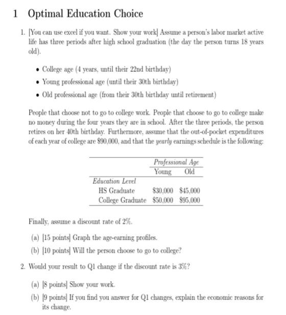 1 Optimal Education Choice 1. [You can use excel if you want. Show your work| Assume a persons labor market active life has