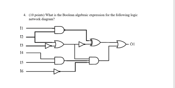 4. (10 points) What is the Boolean algebraic expression for the following logic network diagram? HIT!!!! DONDADO a 01 A A