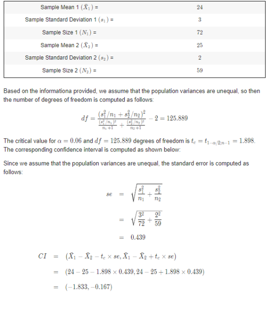 24 3 Sample Mean 1 (X) = Sample Standard Deviation 1 (81) = Sample Size 1 (N) = Sample Mean 2 (X) = 72 25 2 Sample Standard D