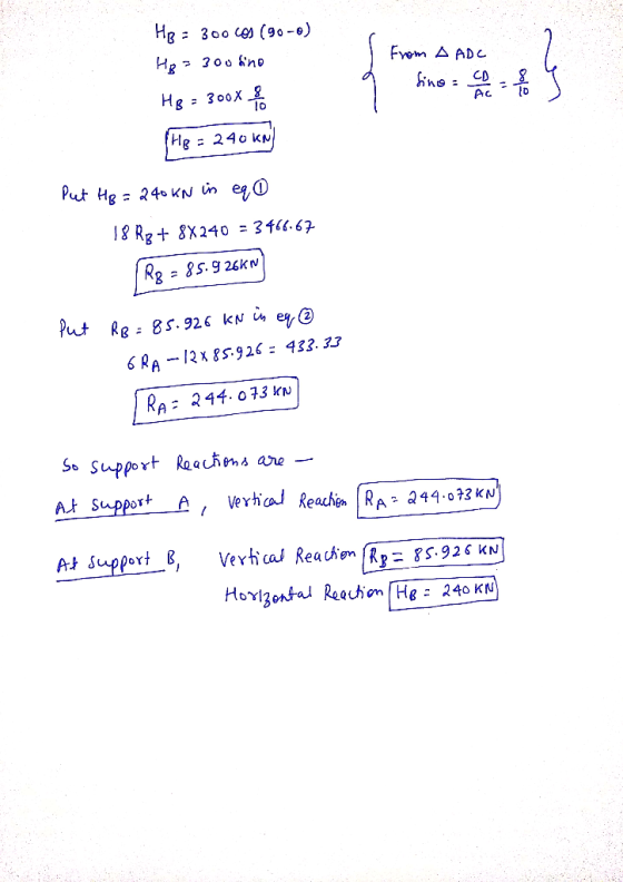From A AD g sino = ch - 8 9 HB = 300 COS (90-0) Hp = 300 fino HB = 300 x 80 (Hg = 240 KN) Put H8= 240 kN in eqo 18 R8 + 8X240