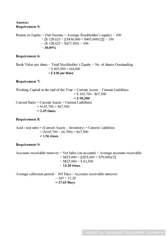 Answer: Requirement 5: Return on Equity - (Net Income Average Stockholders equity) x 100 = [$ 128,625 ÷ [($450.000+ $405.000)/21] x 100 -($ 128,625 ÷ $427,500) × 100 -30.09% Requirement 6: Book Value per share Total Stockholders Equity No. of shares Outstanding S 405,000 133,000 $ 3.05 per Share Requirement 7: Working Capital at the end of the Year - Current Assets Current Liabilities 165,700 - $67,500 -$ 98,200 Current Ratio Current Assets Current Liabilities - $165,700 $67,500 = 2.45 times Requirement 8: Acid - test ratio (Current Asscts Inventory) + Current Liabilitics = ($165,700-60.700) ÷ $67,500 - 1.56 times Requirement 9: Accounts receivable turnover Net Sales (on account) Average accounts receivable $825,000 [(S55,000 + $70,000)/2] $825,000 ÷ $ 62,500 13.20 times Average collection period-365 Days / Accounts receivable turnover -365 ÷ 13.20 -27.65 Days Created by Universal Document Converter