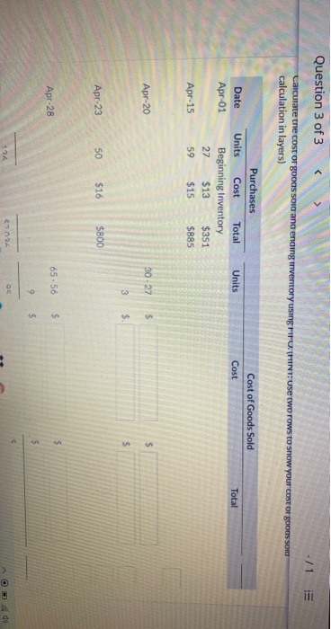 Question 3 of 3 < > Calculate the cost OT GOOCs Sol ang ending inventory using FirUHINT: Use two rows to show your COST OF GO