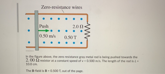 Zero-resistance wires Push 2.0 0.50 m/s 0.50 T In the figure above, the zero resistance gray metal rod is being pushed toward