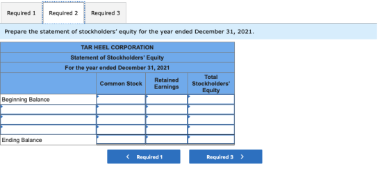 Required 1 Required 2 Required 3 Prepare the statement of stockholders equity for the year ended December 31, 2021. TAR HEEL