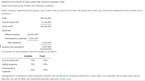 Determine the amount of sales (units) that would be necessary under Break-Even Sales Under Present and Proposed Conditions Da