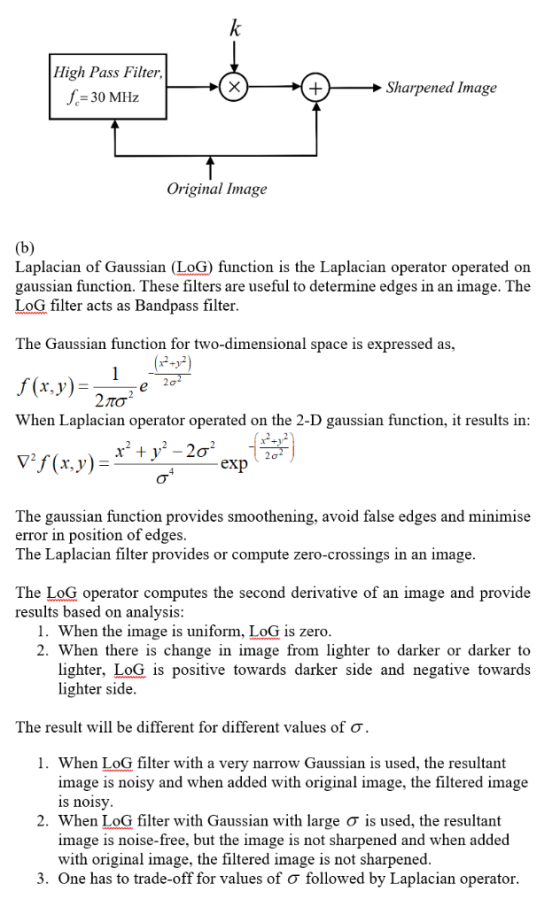 High Pass Filter, f.= 30 MHz Sharpened Image Original Image (b) Laplacian of Gaussian (LoG) function is the Laplacian operato