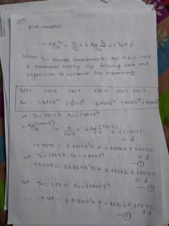 Sot given equation. Ta aabsoluteemesature(k). and. a, b.c and Parsameteys. Emplo the follouwoine daja and vearession -to esti