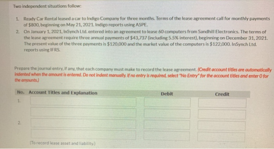 Two independent situations follow: 1. Ready Car Rental leased a car to Indigo Company for three months. Terms of the lease ag