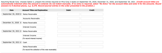 Assuming Novak Corp. chooses Option 2, prepare the entries required on Pina Corp.s books on September 30, 2020, December 31,
