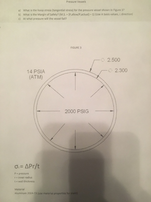Pressure Vessels a) What is the hoop stress (tangential stress) for the pressure vessel shown in Figure 37 b) What is the Mar