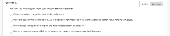 Question 37 1 points Save Answer Which of the following will make your website more accessible? Colour important text yellow