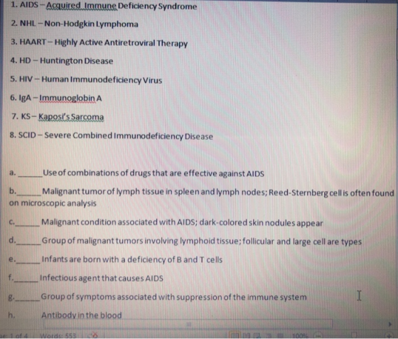 1. AIDS-Acquired Immune Deficiency Syndrome 2. NHL-Non-Hodgkin Lymphoma 3. HAART - Highly Active Antiretroviral Therapy 4. HD