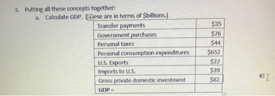 $35 $76 SA 3. Putting all these concepts together: a. Calculate GDP. (ese are in terms of Sbillions.) Transfer payments Gover