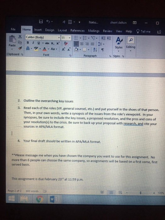 sherri dalton - O File Review View Tell me B 5 A - Natio... Home Insert Design Layout References Mailings Calibri (Body) 11 .