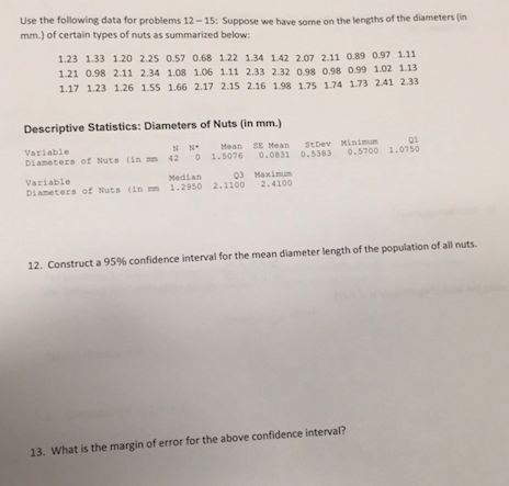 Use the following data for problems 12-15: Suppose we have some on the lengths of the diameters (in mm.) of certain types of nuts as summarized below: 1.23 1.33 1.20 2.25 0.57 0.68 122 1.34 142 2.07 2.11 0.89 0.97 1.11 1.21 0.98 2.11 2.34 1.08 1.06 1.11 2.33 2.32 098 0.98 099 102 1.13 1.17 1.23 1.26 1.55 1.66 2.17 2.15 2.16 1.98 1.75 1.74 1.73 2.41 2.33 Descriptive Statistics: Diameters of Nuts (in mm.) Variable Dianeters of Nuts (in? 42 0 1.5076 o.osu o.sse, o.5700 1,0750 Variable Diameters of Nuts (in 1.2950 2.1100 2.4100 NNMean SE Mean StDev Minimum 01 Median 03 Maxmu 12. Construct a 95% confidence interval for the mean diameter length of the population of all nuts. 13. What is the margin of error for the above confidence interval?
