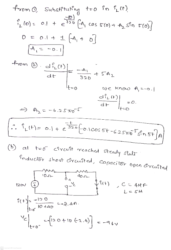 from ©, Substituting t=0 in 82 (+) 10) = 0.1 + cos 5(0) + Ay sin 5(0)] 0.1+ 1 (4,4 o] 320 e - A from ② . dil(a) = dt -AY 320