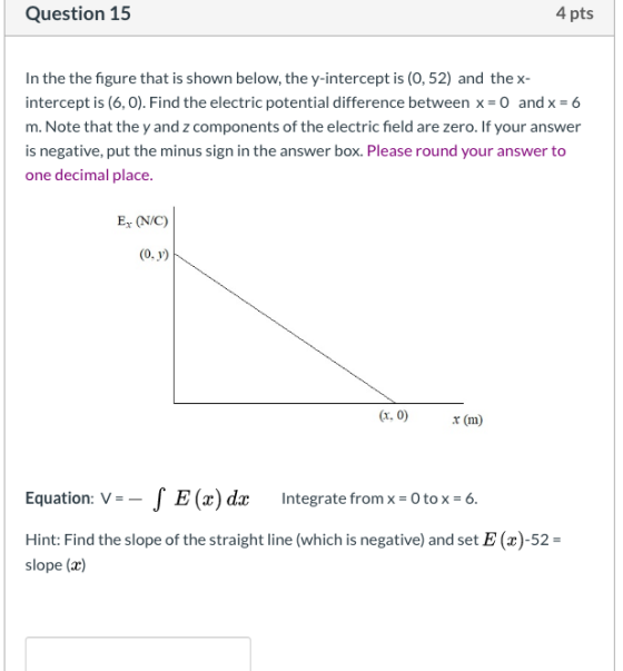 Question 15 4 pts In the the figure that is shown below, the y-intercept is (0,52) and the x- intercept is (6,0). Find the el