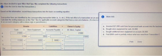 Mia Aiken decided to open Mias Nail Spa Mia completed the following transactions (Click the icon to view the transactions) B