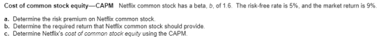 Cost of common stock equity-CAPM Netflix common stock has a beta, b, of 1.6. The risk-free rate is 5%, and the market return