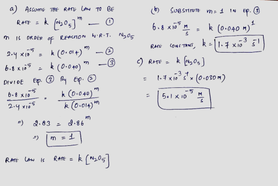 a) AssumE THE RATE LAW TO BE 6 SUBSTITUTE m= 1 in Ep. ③ - RATE =k (N2O3] - 0 6.8x105 m = k (00040 19) mis ORDER OF REACTION W
