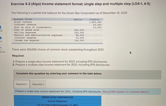 Exercise 4-2 (Algo) Income statement format; single step and multiple step [LO4-1, 4-5) The following is a partial trial bala